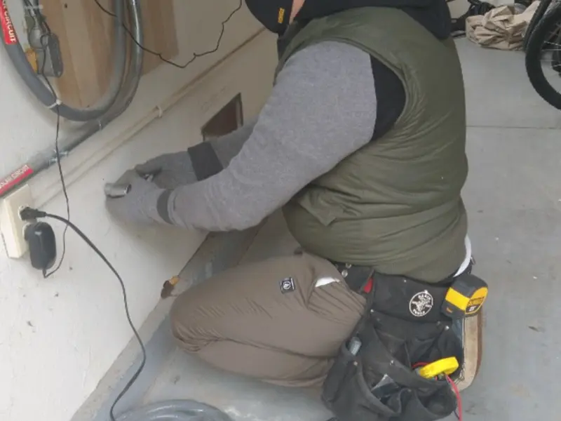 Electrician performing outlet wiring in a Grapevine garage